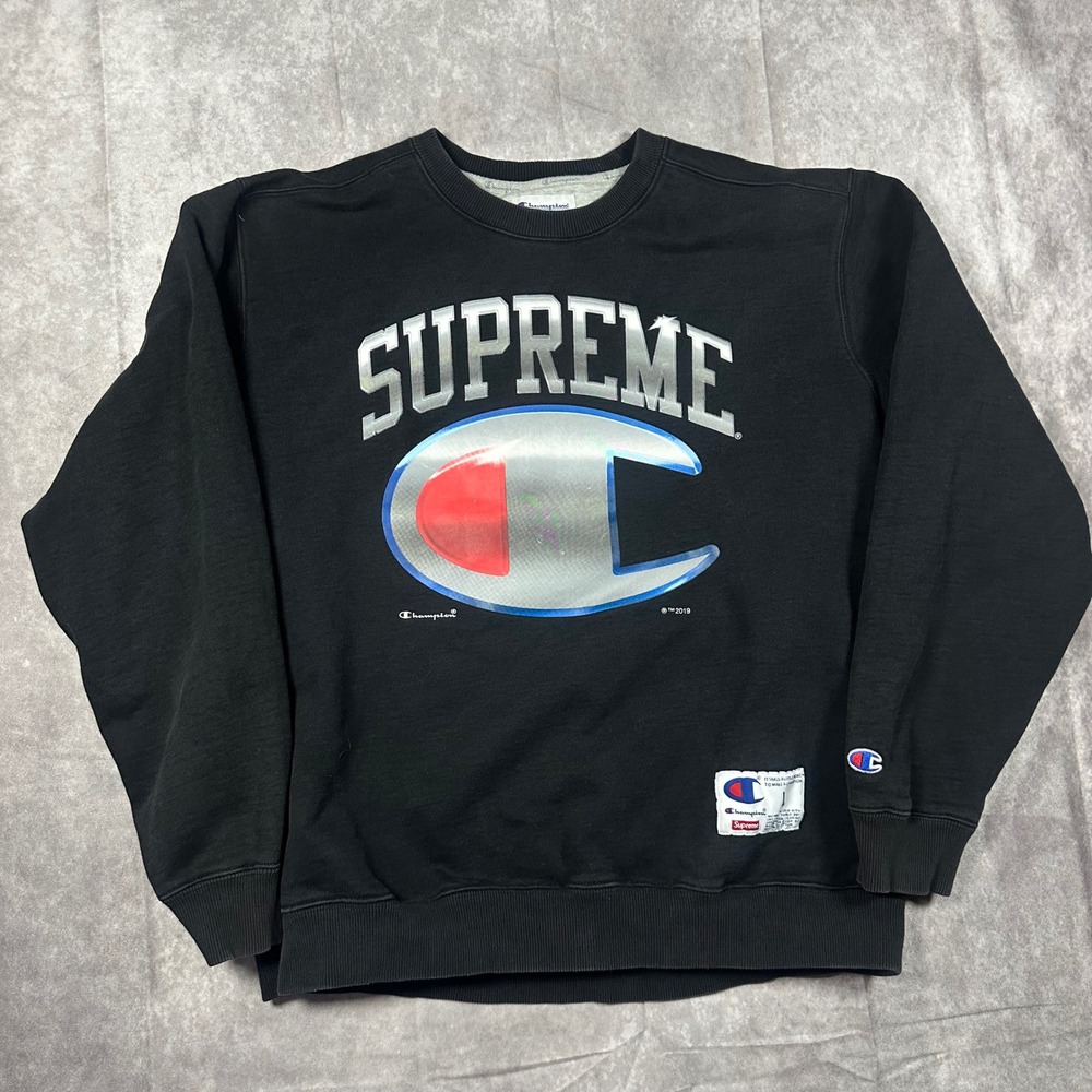 Supreme x Champion Chrome Crewneck Sweatshirt Black Metallic Logo SS19 Men's L